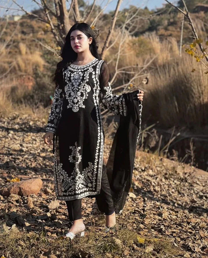 JAZMIN- DHANAK 3PC EMBROIDERED SHIRT WITH DHANAK EMBROIDERED SHAWL WITH TROUSER-W.J-1090