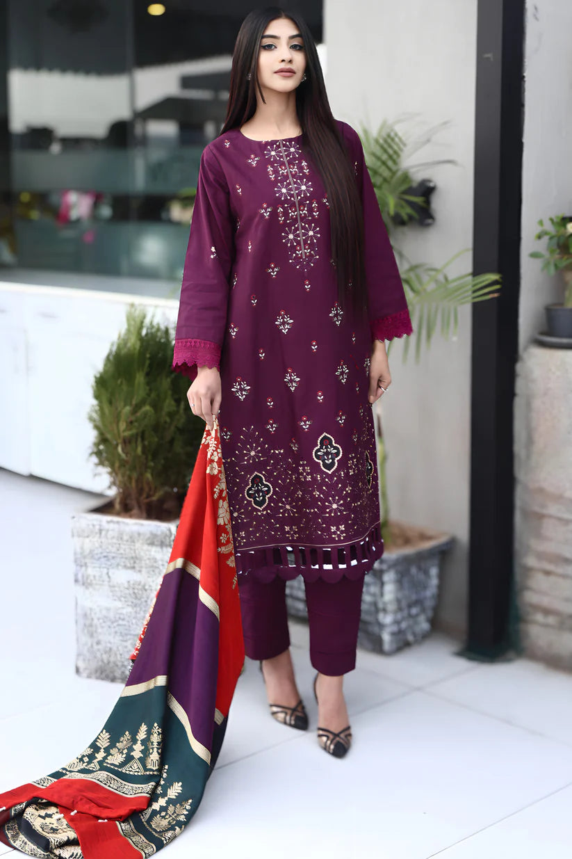 WearJora-3PC KHADDAR CUTWORK EMBROIDERED SHIRT WITH KASHMIRI JACQUARD WOOL SHAWL-W.J-1355