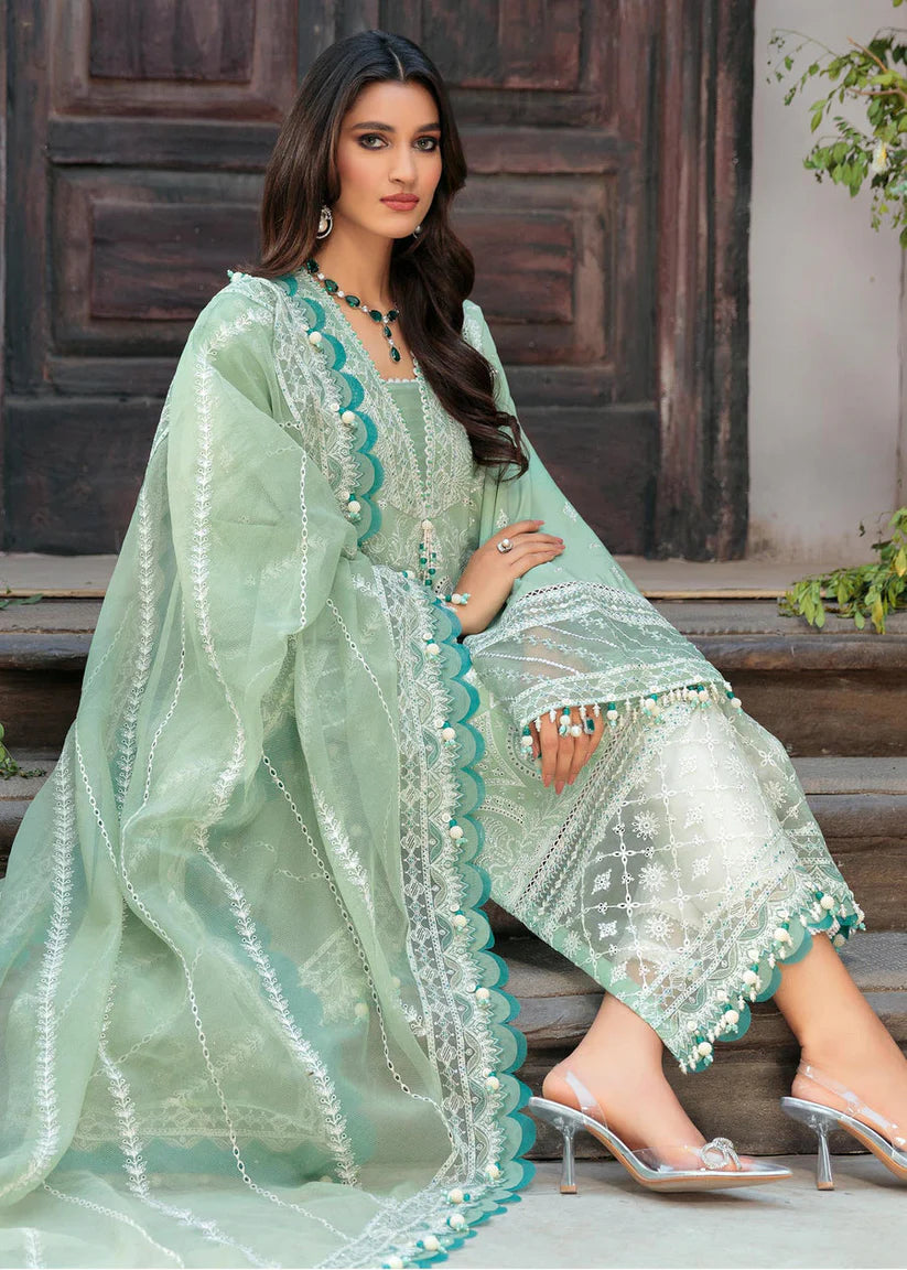 SAHEEFA- LAWN 3PC EMBROIDERED SHIRT WITH ORGANZA EMBROIDERED DUPATTA WITH TROUSER -W.J-1395