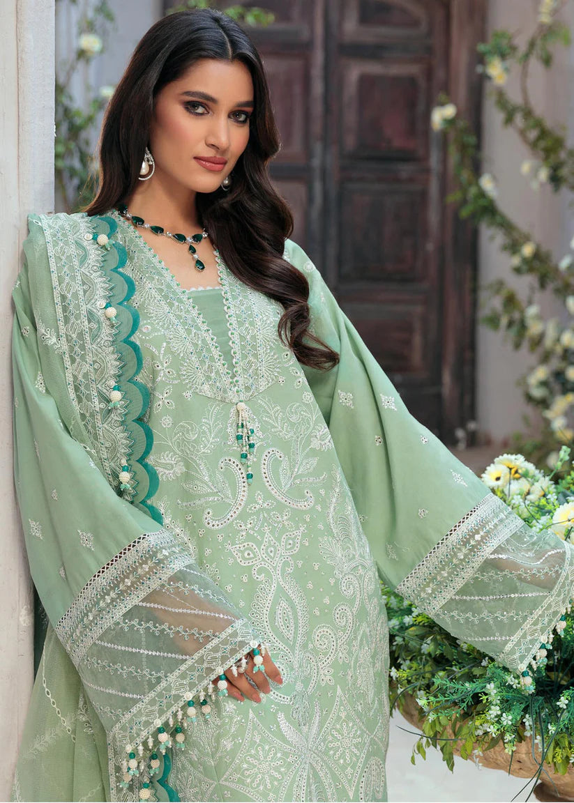 SAHEEFA- LAWN 3PC EMBROIDERED SHIRT WITH ORGANZA EMBROIDERED DUPATTA WITH TROUSER -W.J-1395