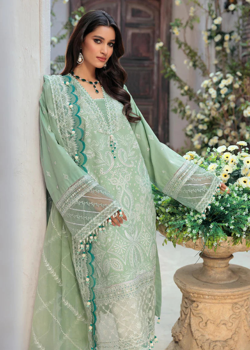 SAHEEFA- LAWN 3PC EMBROIDERED SHIRT WITH ORGANZA EMBROIDERED DUPATTA WITH TROUSER -W.J-1395