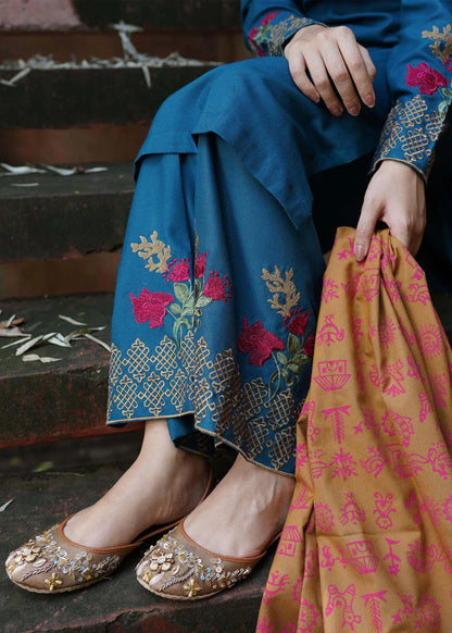 MARIA B - 3PC DHANAK EMBROIDERED SHIRT WITH WOOL PRINTED SHAWL AND TROUSER-W.J-1175