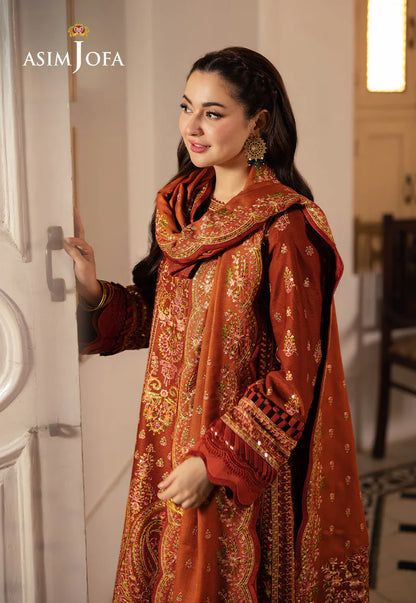 ASIM JOFA-3PC KARANDI SEQUIN EMBROIDERED SHIRT WITH KARANDI EMBROIDERED SHAWL AND TROUSER-W.J-2036