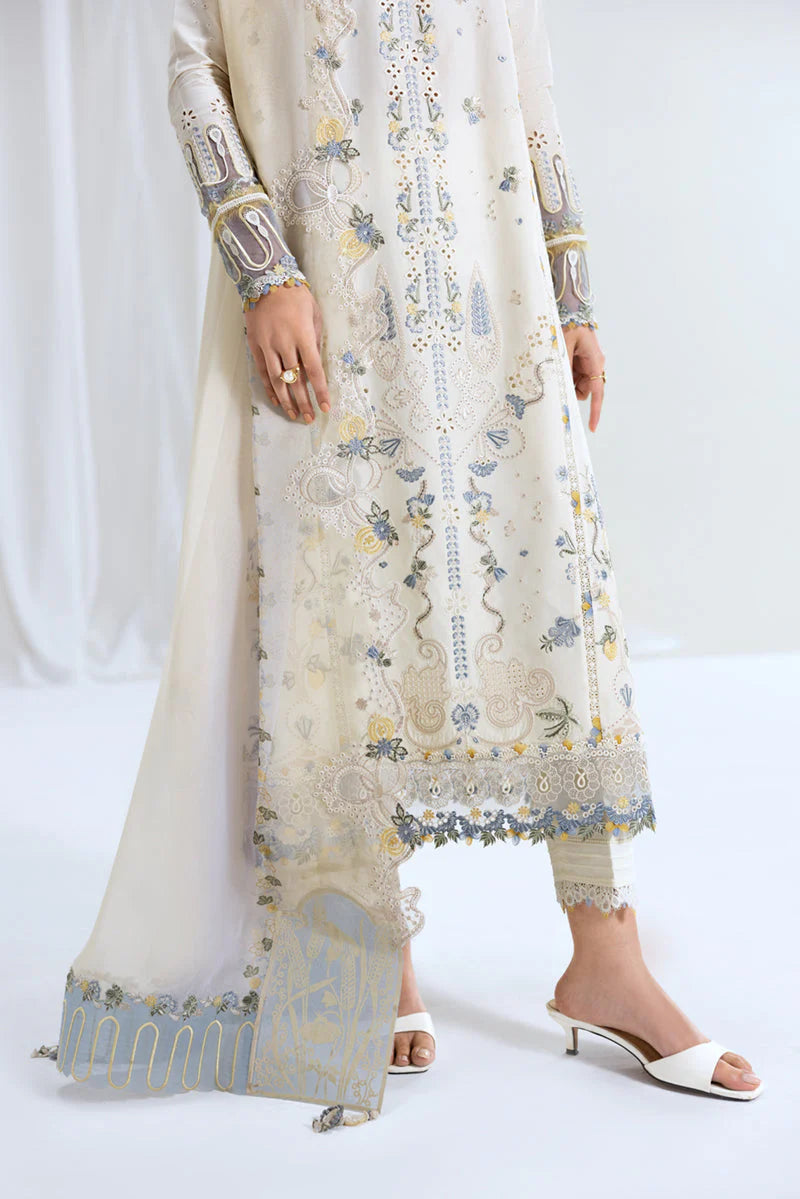 QALAMQAR - 3PC LAWN EMBROIDERED SHIRT WITH NET EMBROIDERED DUPATTA AND TROUSER -W.J-1781