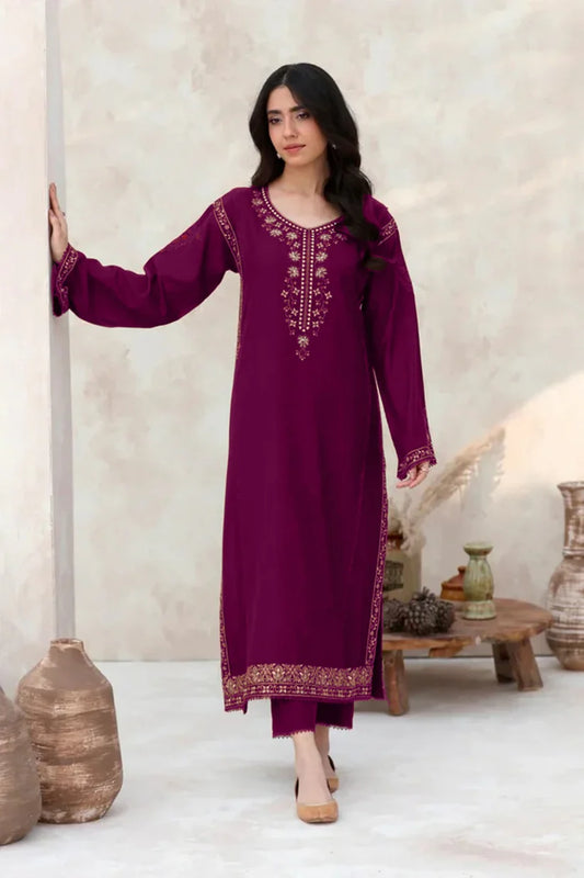 FEROZAE-2PC DHANAK EMBROIDERED SHIRT WITH DHANAK EMBROIDERED SLEEVES-PLUM-W.J-1434