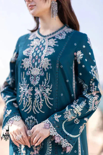 QALAMQAR-3PC DHANAK EMBROIDERED SHIRT WITH DHANAK EMBROIDERED SHAWL AND TROUSER-WJ-1934