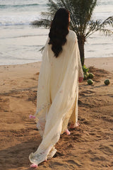 QALAMQAR-3PC DHANAK EMBROIDERED SHIRT WITH DHANAK EMBROIDERED SHAWL AND TROUSER -W.J-5094