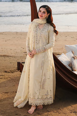 QALAMQAR-3PC DHANAK EMBROIDERED SHIRT WITH DHANAK EMBROIDERED SHAWL AND TROUSER -W.J-5094
