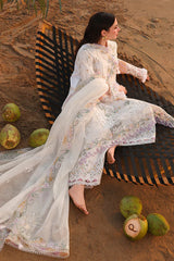 QALAMQAR-3PC DHANAK CHIKAN EMBROIDERED SHIRT WITH DHANAK EMBROIDERED SHAWL AND TROUSER -W.J-5095
