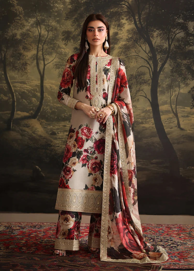 ZAINAB CHOTANI-3PC SHAMOZE SILK PRINTED EMBROIDERED SHIRT WITH SOFT SILK PRINTED EMB DUPATTA & EMB TROUSER W.J-9001
