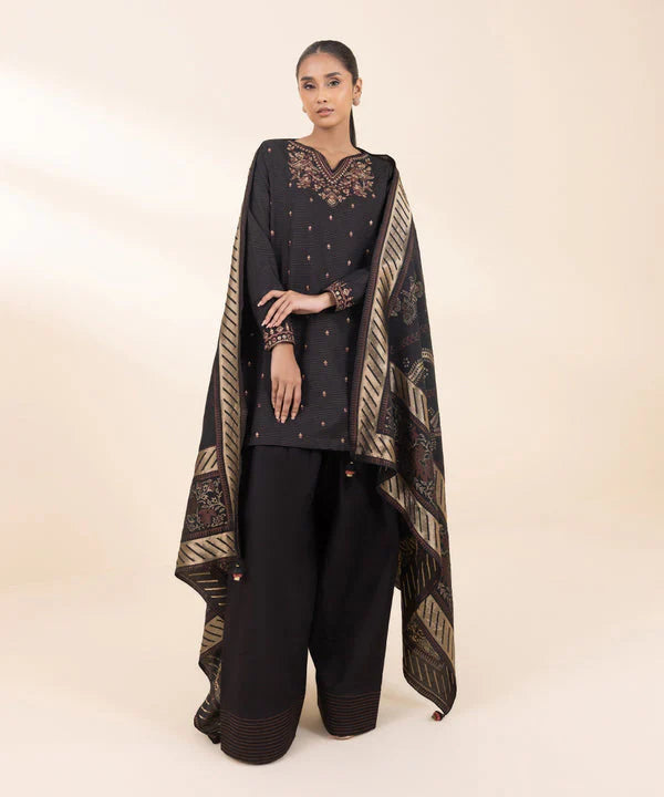 SAPPHIRE- 3PC DHANAK EMBROIDERED SHIRT WITH WOOL PRINT SHAWL AND TROUSER-W.J-1307