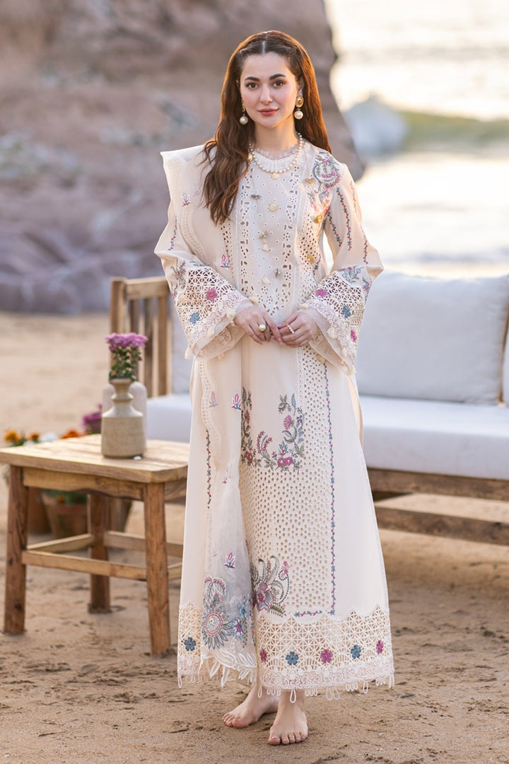 QALAMQAR-3PC CHIKANKARI LAWN EMBROIDERED WITH ORGANZA EMBROIDERED DUPATTA & TROUSER -W.J-4521