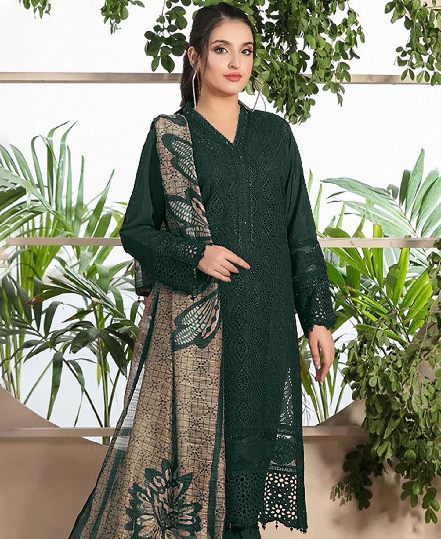 ZAINAB CHOTTANI-3PC CHIKANKAARI LAWN EMBROIDERED SHIRT WITH MONARK PRINT DUPATTA AND TROUSER-MUNGIYA-W.J-1607