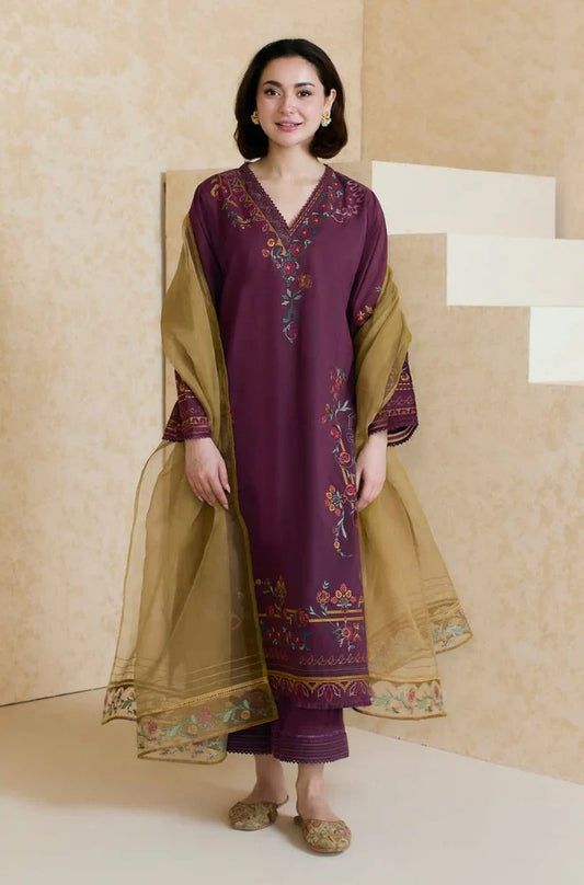 ZARA SHAHJAHAN - 3PC LAWN EMBROIDERED SHIRT WITH ORGANZA EMBROIDERED DUPATTA AND TROUSER -W.J-1792