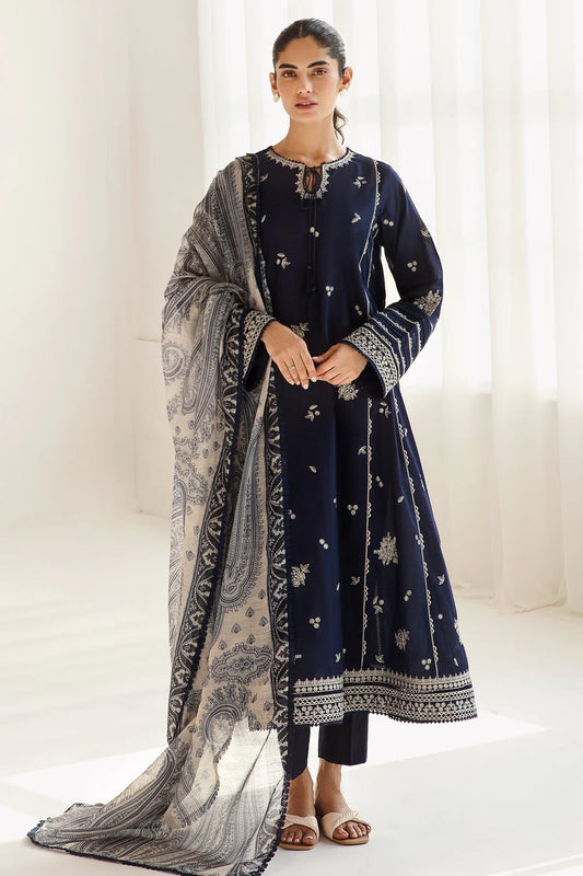 JAZMIN-3PC DHANAK SEQUENCE EMBROIDERED SHIRT WITH COUTRAI PRINTED SHAWL & DHANAK TOUSER-W.J-1831