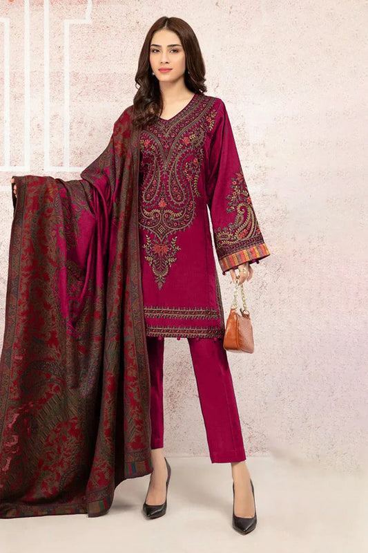 MARIA B-3PC KHADDAR EMBROIDRED SHIRT WITH WOOL PRINT SHAWL AND TROUSER-W.J-1392