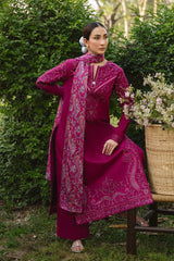 MANNAT-3PC DHANAK EMBROIDERED SHIRT WITH WOOL PRINTED SHAWL AND TROUSER-W.J-5219