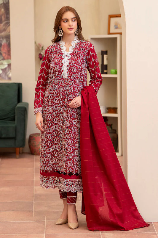 MIRAKHI-3PC LAWN CHIKENKARI EMBROIDERED SHIRT WITH LAWN TUBE SLUB DUPATTA-W.J-1693
