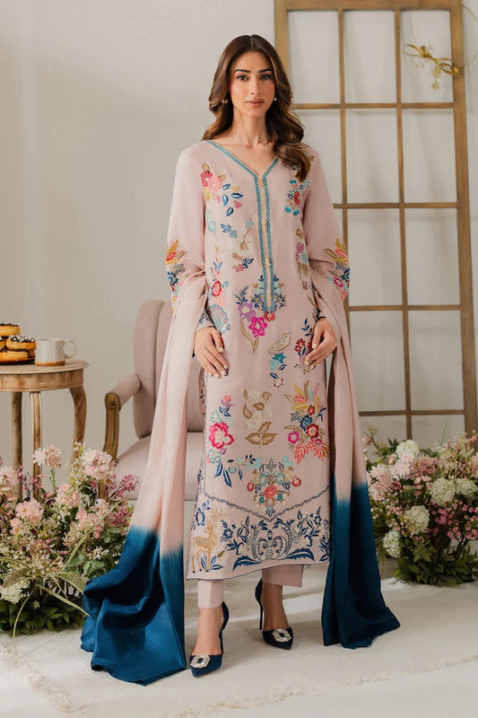 VINTAGE-3PC DHANAK EMBROIDERED SHIRT WITH TYE & DYE CHIFFON DUPATTA AND TROUSER-W.J-2018