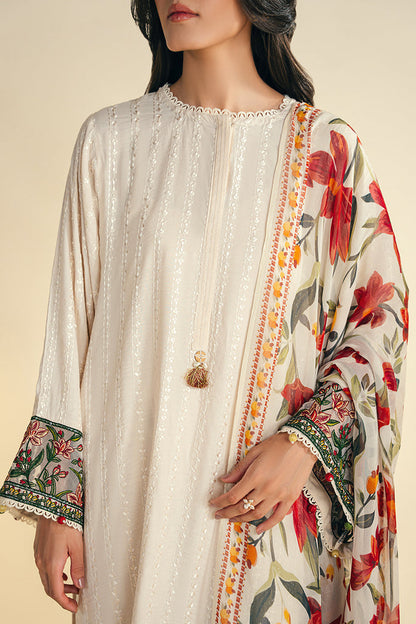 JAZMIN-3PC DHANAK EMBROIDRED SHIRT WITH WOOL PRINT SHAWL AND TROUSER-W.J-1005