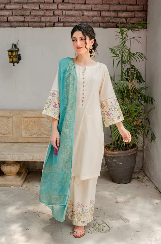 ASLING - 3PC DHANAK EMBROIDERED SHIRT WITH COUTURE WOOL PRINT SHAWL AND TROUSER-W.J-1197