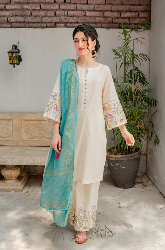 AISLING - 3PC DHANAK EMBROIDERED SHIRT WITH COUTURE WOOL PRINT SHAWL AND EMB TROUSER-W.J-3116