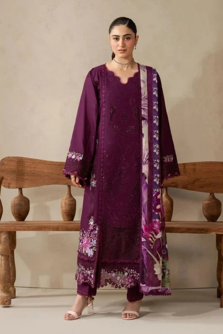 ELAF-3PC DHANAK EMBROIDERED SHIRT WITH COUTRAI PRINTED SHAWL AND TROUSER-W.J-5253