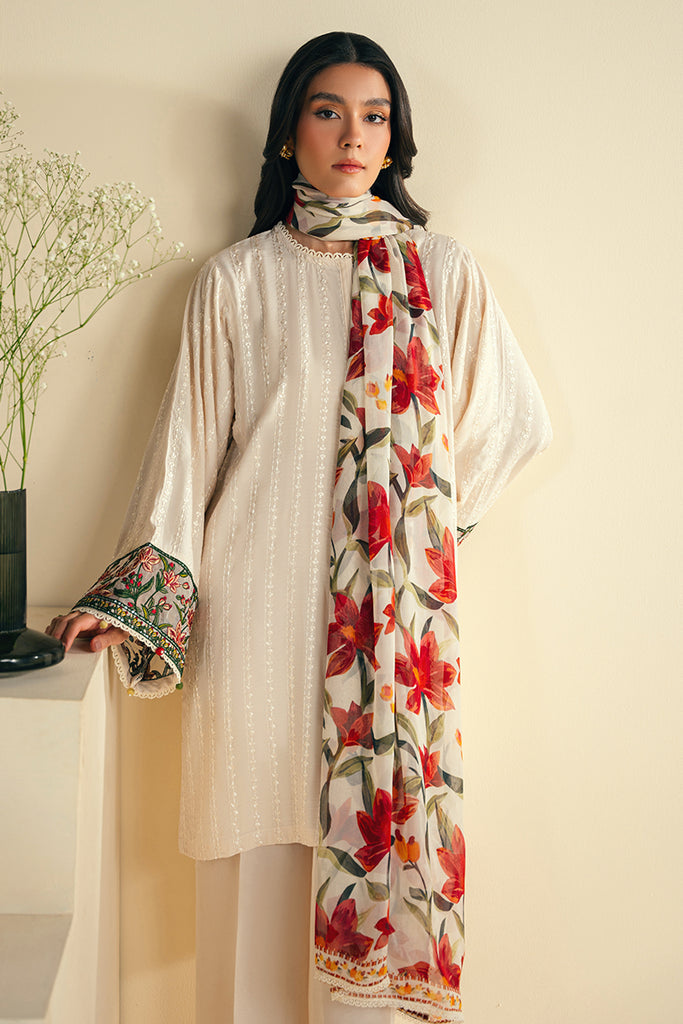 JAZMIN-3PC DHANAK EMBROIDRED SHIRT WITH WOOL PRINT SHAWL AND TROUSER-W.J-1005