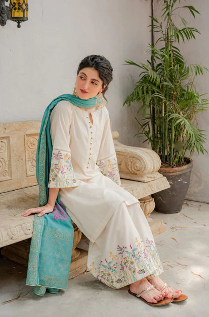 ASLING - 3PC DHANAK EMBROIDERED SHIRT WITH COUTURE WOOL PRINT SHAWL AND TROUSER-W.J-1197