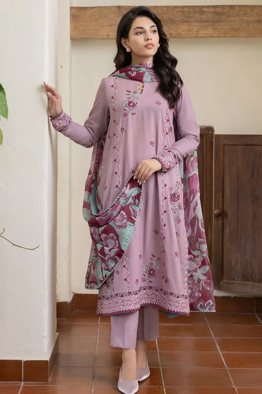 JAZMIN - 3PC DHANAK EMBROIDERED SHIRT WITH WOOL PRINTED SHAWL AND TROUSER-W.J-1282