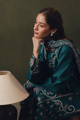 ZIVA-3PC DHANAK EMBROIDERED SHIRT WITH DHANAK EMBROIDERED SHAWL AND TROUSER-W.J-5257