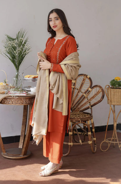 ASLING - 3PC DHANAK EMBROIDERED SHIRT DHANAK DUPATTA AND TROUSER-W.J-1196