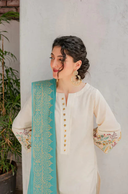 ASLING - 3PC DHANAK EMBROIDERED SHIRT WITH COUTURE WOOL PRINT SHAWL AND TROUSER-W.J-1197