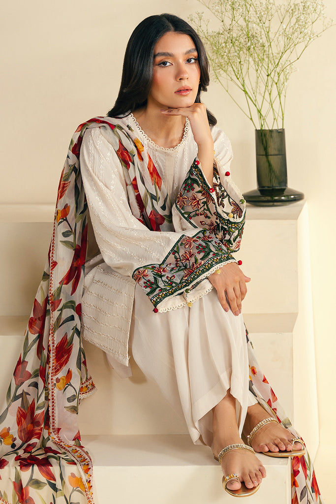 JAZMIN-3PC DHANAK EMBROIDRED SHIRT WITH WOOL PRINT SHAWL AND TROUSER-W.J-1005