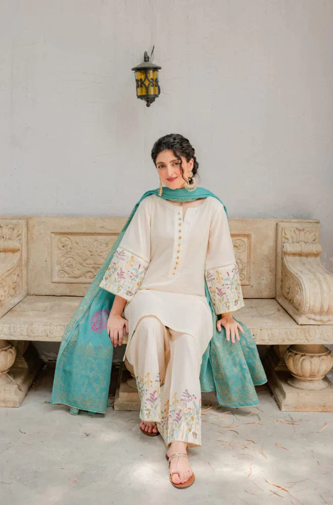 ASLING - 3PC DHANAK EMBROIDERED SHIRT WITH COUTURE WOOL PRINT SHAWL AND TROUSER-W.J-1197