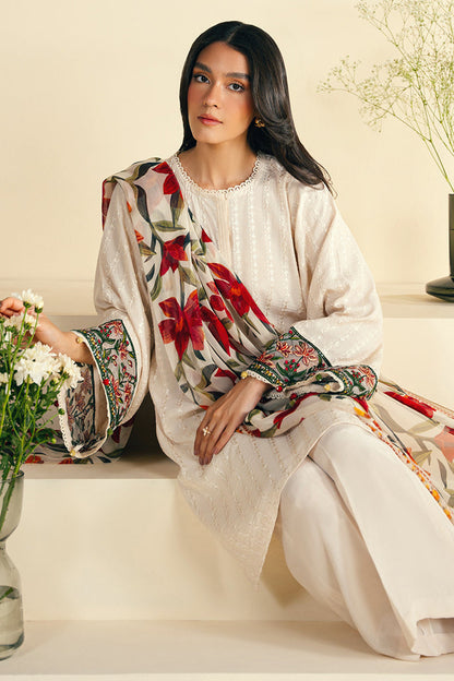 JAZMIN-3PC DHANAK EMBROIDRED SHIRT WITH WOOL PRINT SHAWL AND TROUSER-W.J-1005