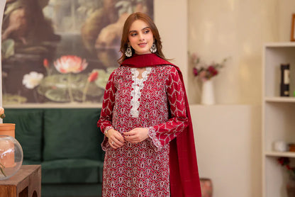 MIRAKHI-3PC LAWN CHIKENKARI EMBROIDERED SHIRT WITH LAWN TUBE SLUB DUPATTA-W.J-1693