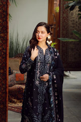 QALAMQAR-3PC DHANAK EMBROIDERED SHIRT WITH DHANAK EMBROIDERED SHAWL AND TROUSER-W.J-5041
