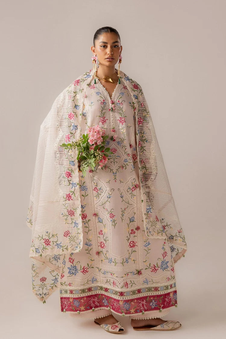 ELAN-3PC DHANAK EMBROIDERED SHIRT WITH KHADDI NET EMB DUPATTA & TROUSER-W.J-5187