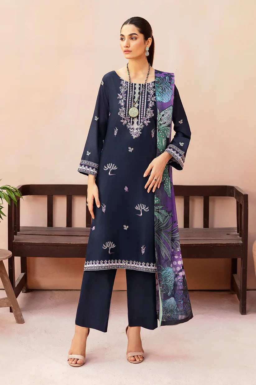 AFSANAH-3PC DHANAK EMBROIDERED SHIRT WITH COUTURE PRINTED SHAWL & TROUSER-W.J-1350