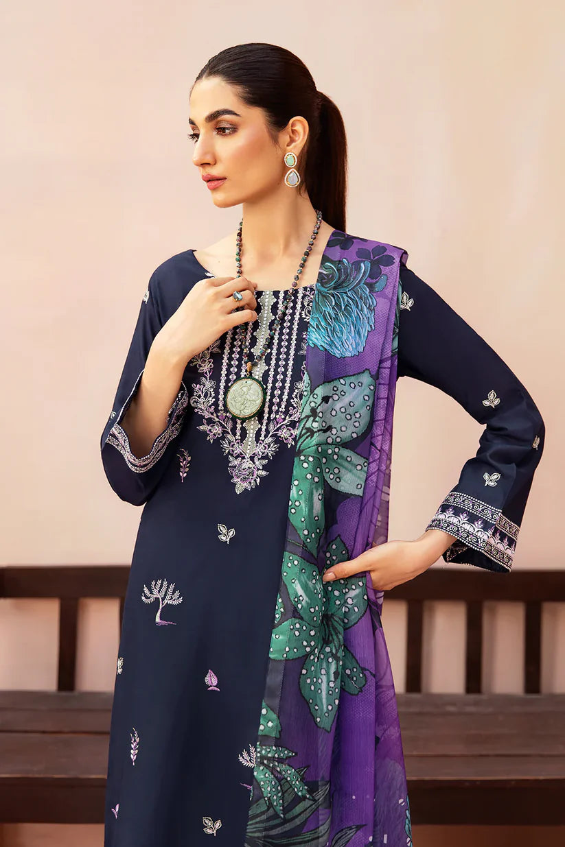 AFSANAH-3PC DHANAK EMBROIDERED SHIRT WITH COUTURE PRINTED SHAWL & TROUSER-W.J-1350