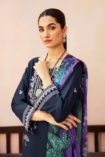 AFSANAH-3PC DHANAK EMBROIDERED SHIRT WITH COUTURE PRINTED SHAWL & TROUSER-W.J-1350