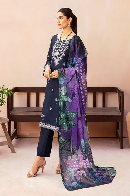 AFSANAH-3PC DHANAK EMBROIDERED SHIRT WITH COUTURE PRINTED SHAWL & TROUSER-W.J-1350