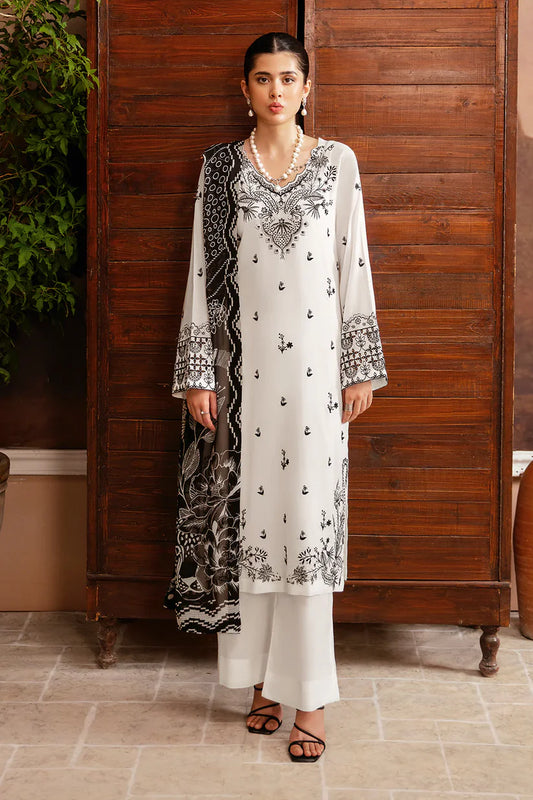 AFSANAH-3PC DHANAK EMBROIDERED SHIRT WITH COUTURE PRINTED SHAWL & TROUSER-W.J-1349