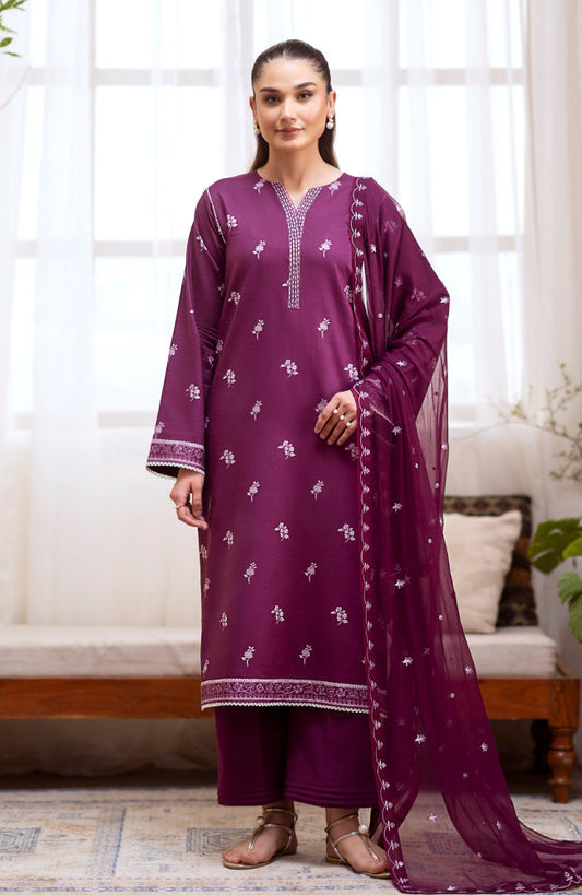 SERAN-3PC DHANAK EMBROIDRED SHIRT WITH DHANAK EMBROIDRED SHAWL AND TROUSER-W.J-1110