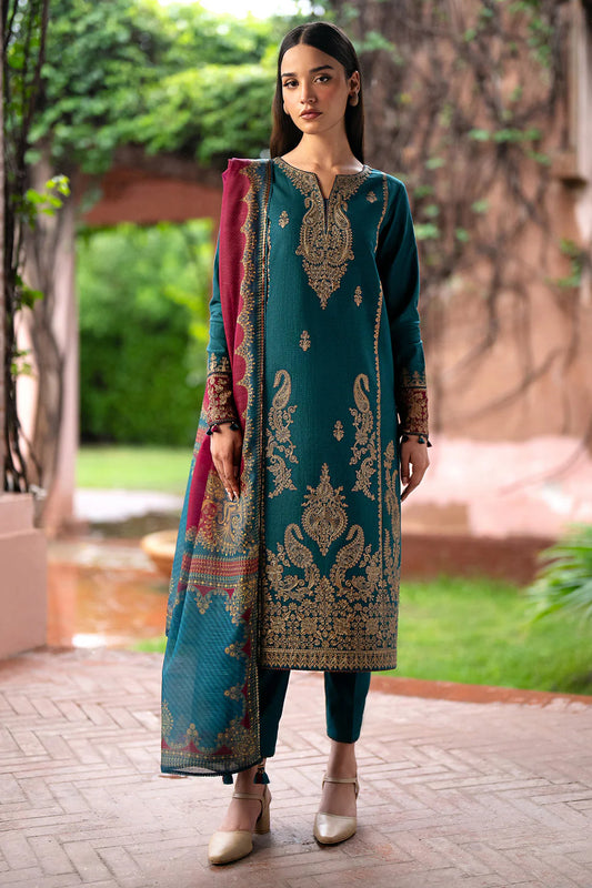 JAZMIN- 3PC DHANAK EMBROIDERED SHIRT WITH WOOL PRINT SHAWL AND TROUSER-W.J-1028