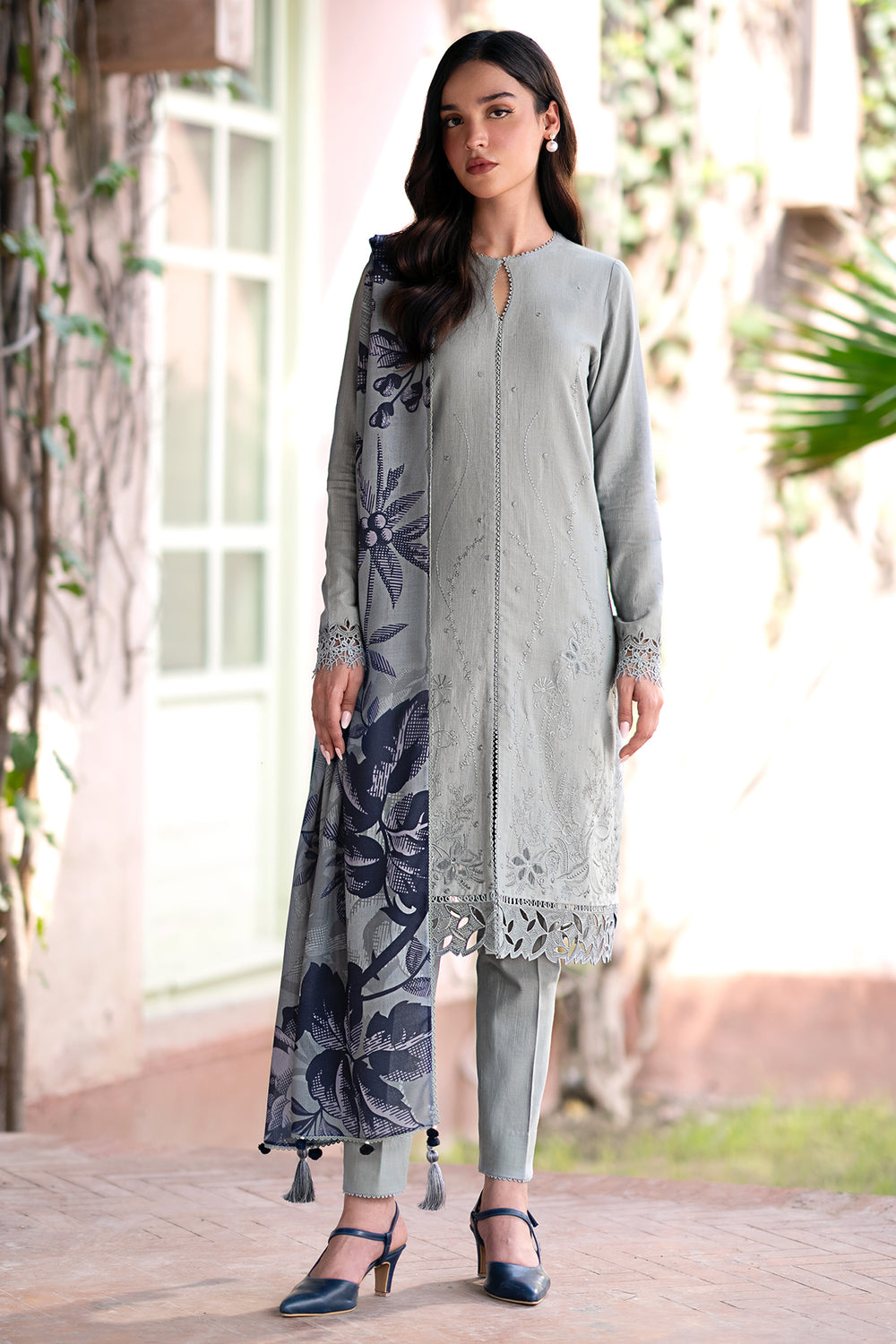 JAZMIN-3PC LAWN EMBROIDRED SHIRT WITH MONARK PRINT DUPATTA AND TROUSER-W.J-1536