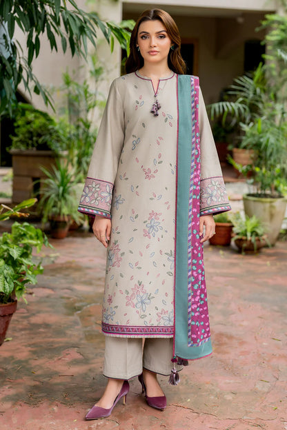 JAZMIN-3PC DHANAK EMBROIDRED SHIRT WITH WOOL PRINT SHAWL AND TROUSER-W.J-1003