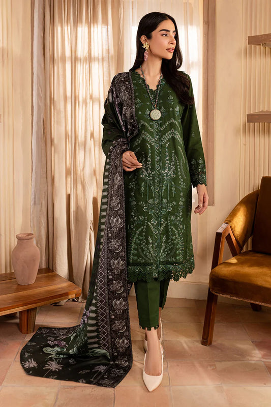 NUREH-3PC DHANAK EMBROIDERED SHIRT WITH COURTRAI PRINTED SHAWL & TROUSER-W.J-2040
