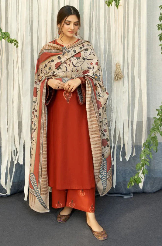 URGE - 3PC DHANAK EMBROIDERED SHIRT WITH COUTURE WOOL PRINT SHAWL AND TROUSER-W.J-1183